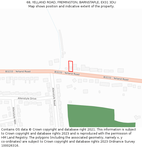 68, YELLAND ROAD, FREMINGTON, BARNSTAPLE, EX31 3DU: Location map and indicative extent of plot