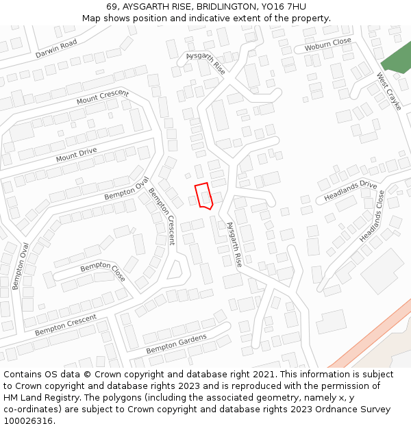 69, AYSGARTH RISE, BRIDLINGTON, YO16 7HU: Location map and indicative extent of plot