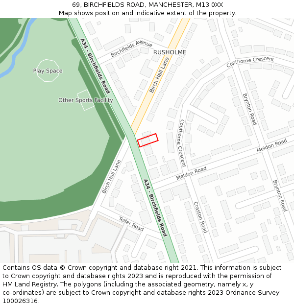 69, BIRCHFIELDS ROAD, MANCHESTER, M13 0XX: Location map and indicative extent of plot