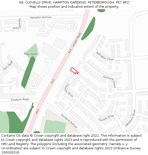 69, CLOVELLY DRIVE, HAMPTON GARDENS, PETERBOROUGH, PE7 8PZ: Location map and indicative extent of plot