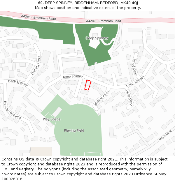 69, DEEP SPINNEY, BIDDENHAM, BEDFORD, MK40 4QJ: Location map and indicative extent of plot