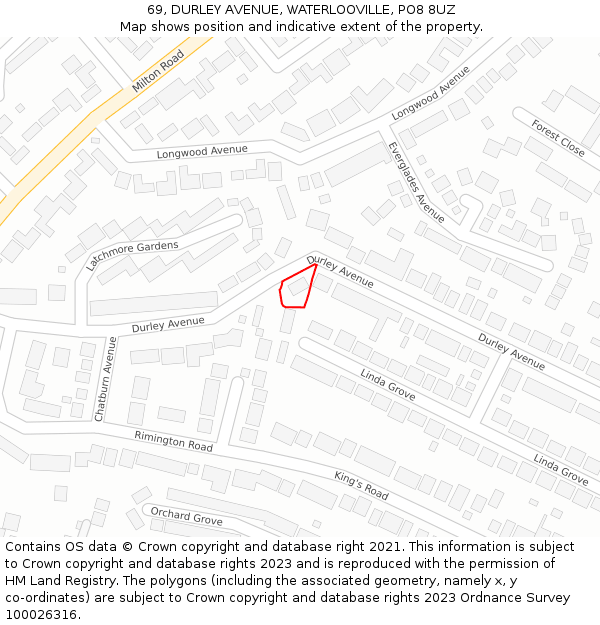 69, DURLEY AVENUE, WATERLOOVILLE, PO8 8UZ: Location map and indicative extent of plot