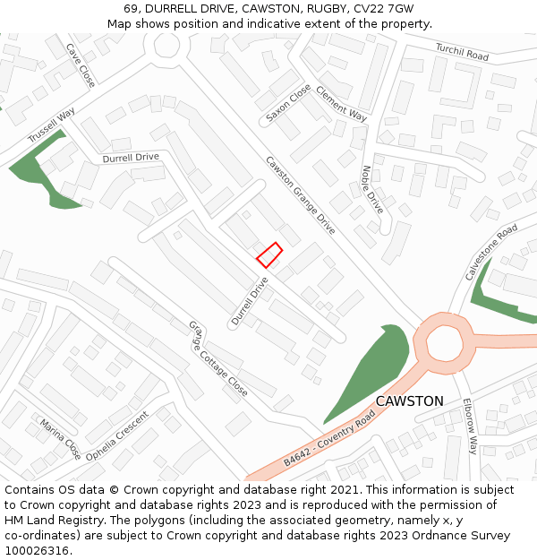 69, DURRELL DRIVE, CAWSTON, RUGBY, CV22 7GW: Location map and indicative extent of plot