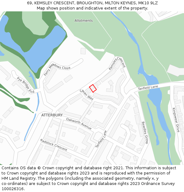 69, KEMSLEY CRESCENT, BROUGHTON, MILTON KEYNES, MK10 9LZ: Location map and indicative extent of plot