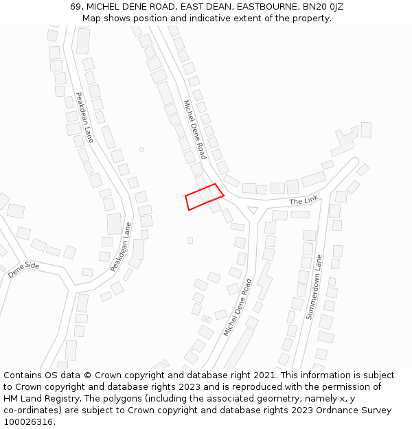 69, MICHEL DENE ROAD, EAST DEAN, EASTBOURNE, BN20 0JZ: Location map and indicative extent of plot