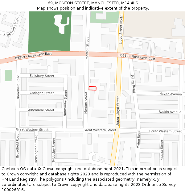 69, MONTON STREET, MANCHESTER, M14 4LS: Location map and indicative extent of plot