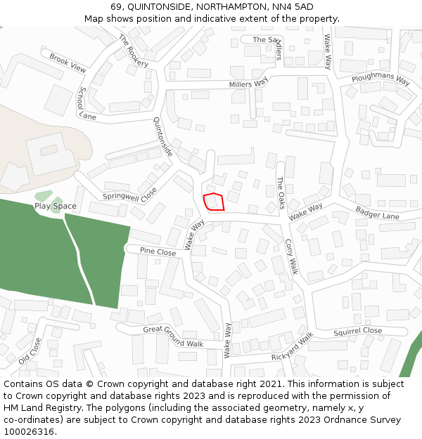 69, QUINTONSIDE, NORTHAMPTON, NN4 5AD: Location map and indicative extent of plot