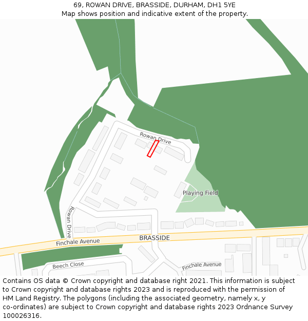 69, ROWAN DRIVE, BRASSIDE, DURHAM, DH1 5YE: Location map and indicative extent of plot