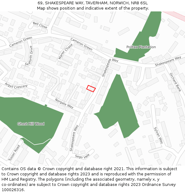 69, SHAKESPEARE WAY, TAVERHAM, NORWICH, NR8 6SL: Location map and indicative extent of plot