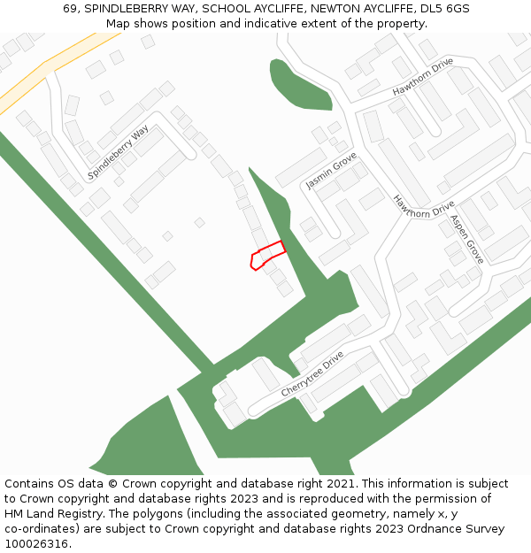 69, SPINDLEBERRY WAY, SCHOOL AYCLIFFE, NEWTON AYCLIFFE, DL5 6GS: Location map and indicative extent of plot