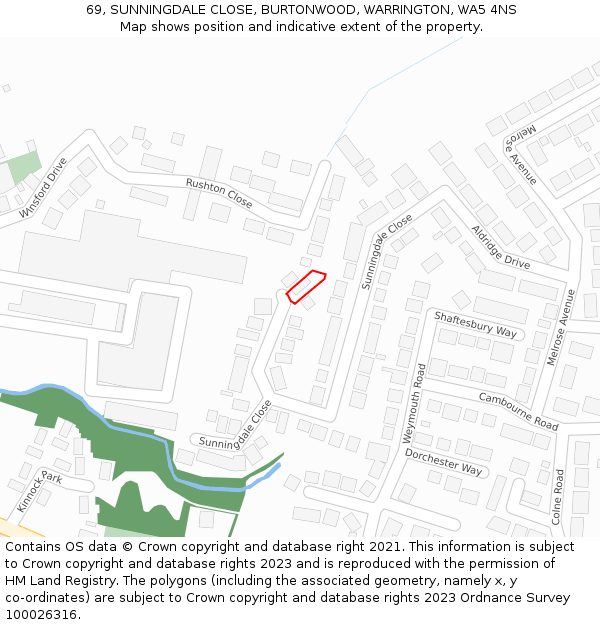 69, SUNNINGDALE CLOSE, BURTONWOOD, WARRINGTON, WA5 4NS: Location map and indicative extent of plot