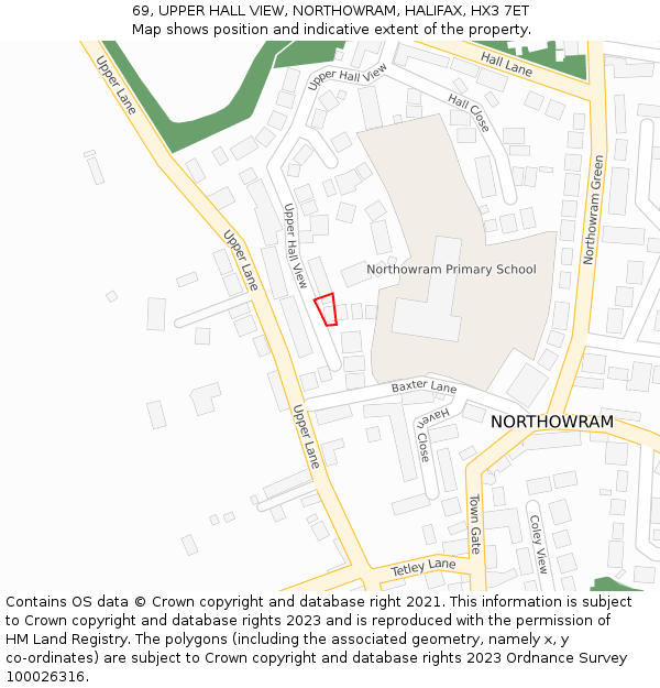 69, UPPER HALL VIEW, NORTHOWRAM, HALIFAX, HX3 7ET: Location map and indicative extent of plot