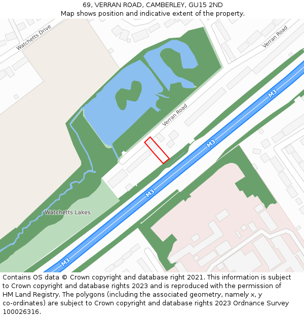 69, VERRAN ROAD, CAMBERLEY, GU15 2ND: Location map and indicative extent of plot