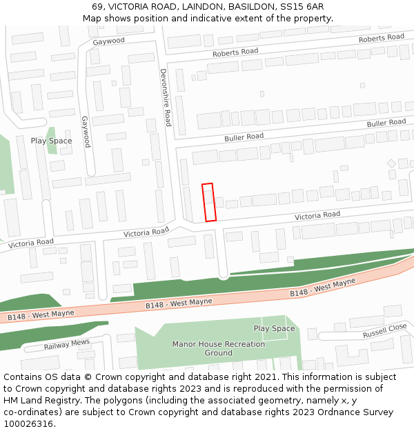 69, VICTORIA ROAD, LAINDON, BASILDON, SS15 6AR: Location map and indicative extent of plot