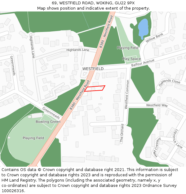 69, WESTFIELD ROAD, WOKING, GU22 9PX: Location map and indicative extent of plot