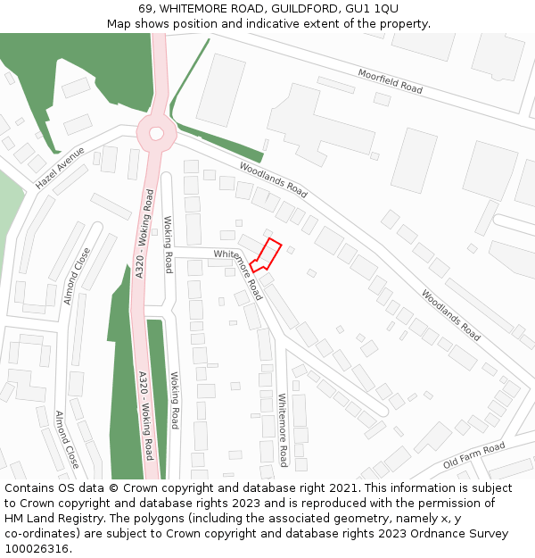 69, WHITEMORE ROAD, GUILDFORD, GU1 1QU: Location map and indicative extent of plot