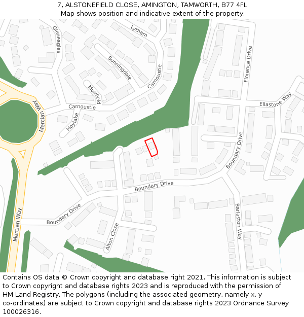 7, ALSTONEFIELD CLOSE, AMINGTON, TAMWORTH, B77 4FL: Location map and indicative extent of plot