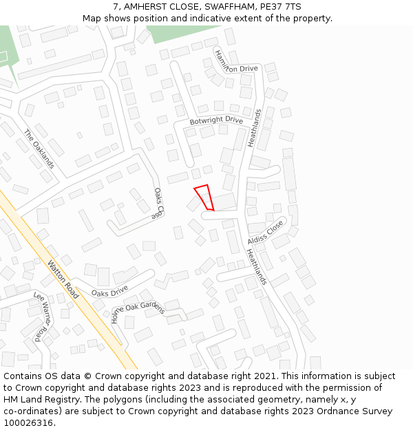 7, AMHERST CLOSE, SWAFFHAM, PE37 7TS: Location map and indicative extent of plot