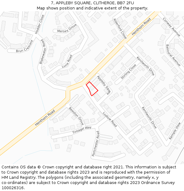 7, APPLEBY SQUARE, CLITHEROE, BB7 2FU: Location map and indicative extent of plot