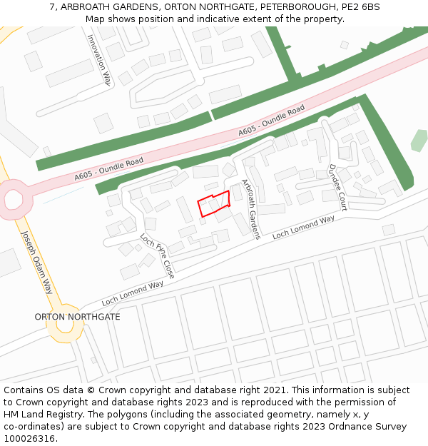 7, ARBROATH GARDENS, ORTON NORTHGATE, PETERBOROUGH, PE2 6BS: Location map and indicative extent of plot