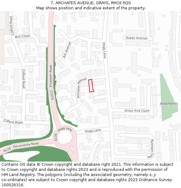 7, ARCHATES AVENUE, GRAYS, RM16 6QS: Location map and indicative extent of plot