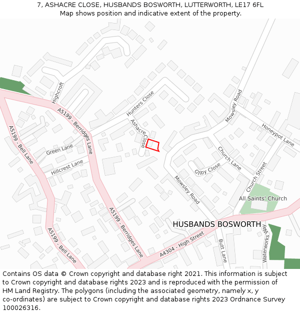 7, ASHACRE CLOSE, HUSBANDS BOSWORTH, LUTTERWORTH, LE17 6FL: Location map and indicative extent of plot