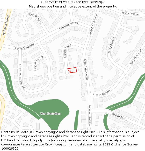 7, BECKETT CLOSE, SKEGNESS, PE25 3JW: Location map and indicative extent of plot