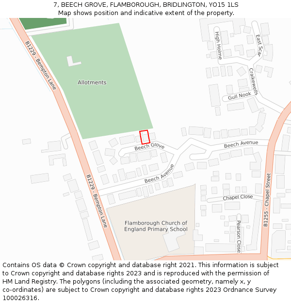 7, BEECH GROVE, FLAMBOROUGH, BRIDLINGTON, YO15 1LS: Location map and indicative extent of plot