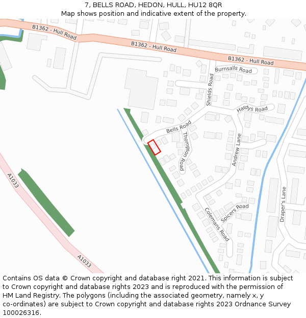 7, BELLS ROAD, HEDON, HULL, HU12 8QR: Location map and indicative extent of plot