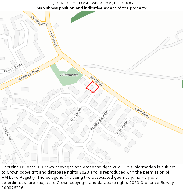 7, BEVERLEY CLOSE, WREXHAM, LL13 0QG: Location map and indicative extent of plot