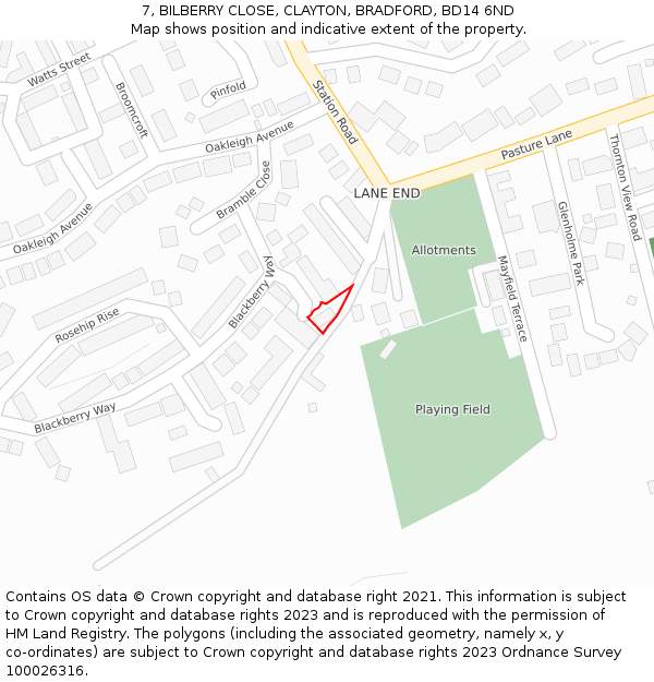 7, BILBERRY CLOSE, CLAYTON, BRADFORD, BD14 6ND: Location map and indicative extent of plot