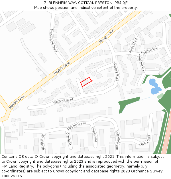 7, BLENHEIM WAY, COTTAM, PRESTON, PR4 0JF: Location map and indicative extent of plot