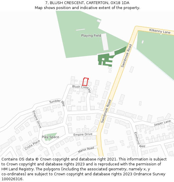 7, BLUSH CRESCENT, CARTERTON, OX18 1DA: Location map and indicative extent of plot