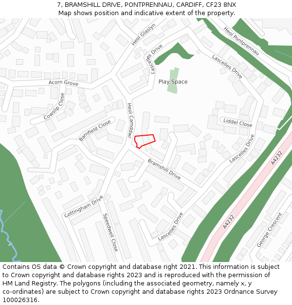 7, BRAMSHILL DRIVE, PONTPRENNAU, CARDIFF, CF23 8NX: Location map and indicative extent of plot