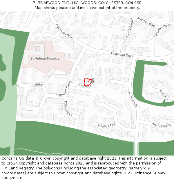 7, BRIARWOOD END, HIGHWOODS, COLCHESTER, CO4 9SE: Location map and indicative extent of plot