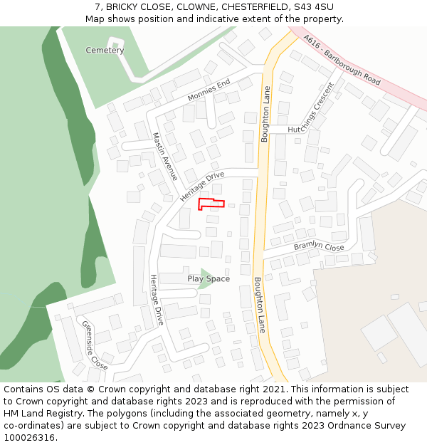 7, BRICKY CLOSE, CLOWNE, CHESTERFIELD, S43 4SU: Location map and indicative extent of plot