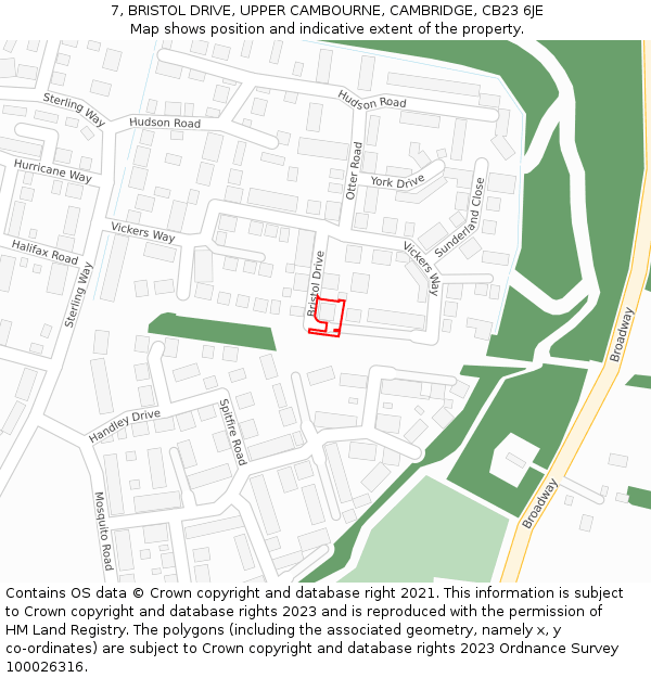 7, BRISTOL DRIVE, UPPER CAMBOURNE, CAMBRIDGE, CB23 6JE: Location map and indicative extent of plot