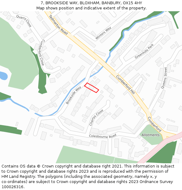 7, BROOKSIDE WAY, BLOXHAM, BANBURY, OX15 4HY: Location map and indicative extent of plot