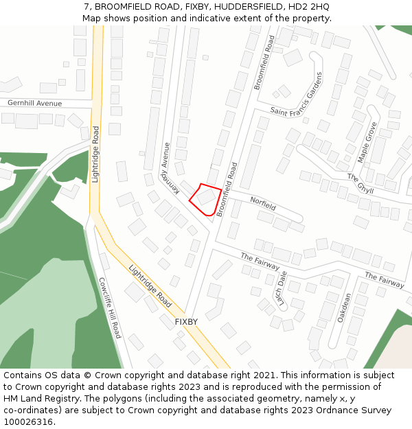 7, BROOMFIELD ROAD, FIXBY, HUDDERSFIELD, HD2 2HQ: Location map and indicative extent of plot