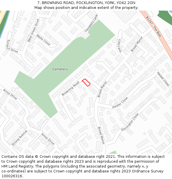 7, BROWNING ROAD, POCKLINGTON, YORK, YO42 2GN: Location map and indicative extent of plot