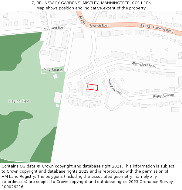 7, BRUNSWICK GARDENS, MISTLEY, MANNINGTREE, CO11 1FN: Location map and indicative extent of plot