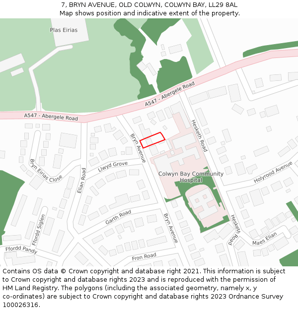 7, BRYN AVENUE, OLD COLWYN, COLWYN BAY, LL29 8AL: Location map and indicative extent of plot