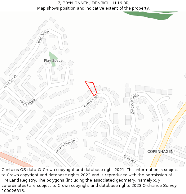 7, BRYN ONNEN, DENBIGH, LL16 3PJ: Location map and indicative extent of plot