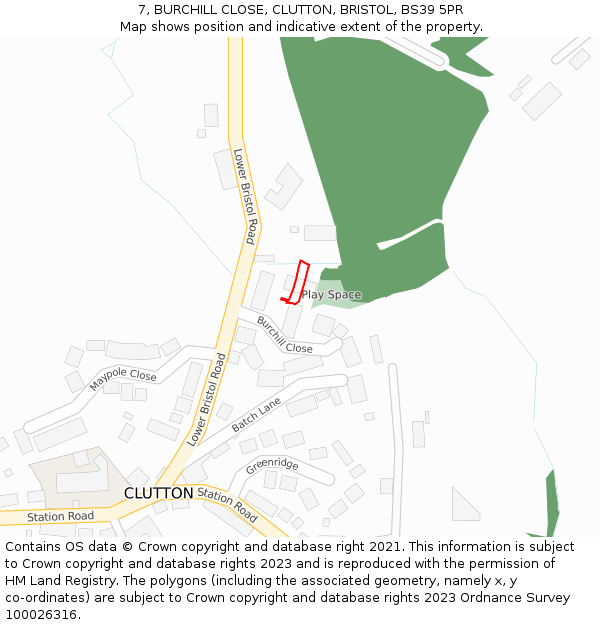 7, BURCHILL CLOSE, CLUTTON, BRISTOL, BS39 5PR: Location map and indicative extent of plot