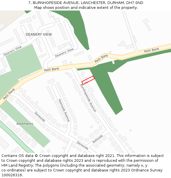 7, BURNHOPESIDE AVENUE, LANCHESTER, DURHAM, DH7 0ND: Location map and indicative extent of plot