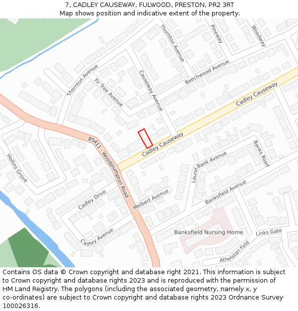 7, CADLEY CAUSEWAY, FULWOOD, PRESTON, PR2 3RT: Location map and indicative extent of plot