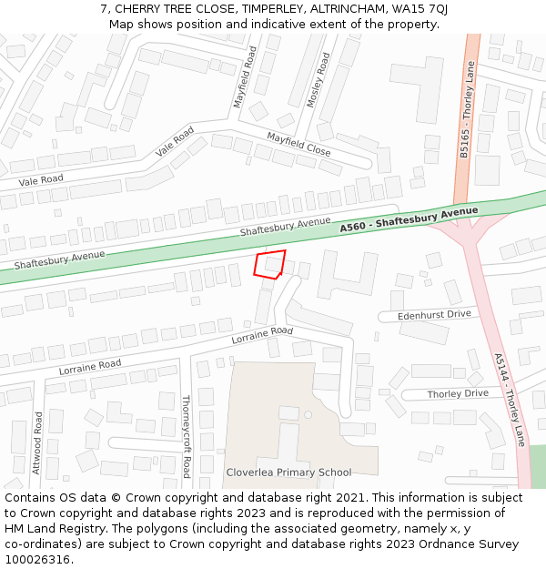 7, CHERRY TREE CLOSE, TIMPERLEY, ALTRINCHAM, WA15 7QJ: Location map and indicative extent of plot