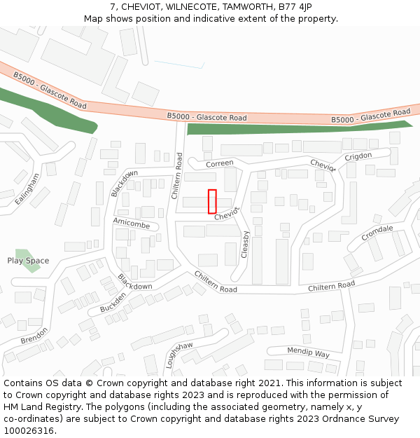 7, CHEVIOT, WILNECOTE, TAMWORTH, B77 4JP: Location map and indicative extent of plot