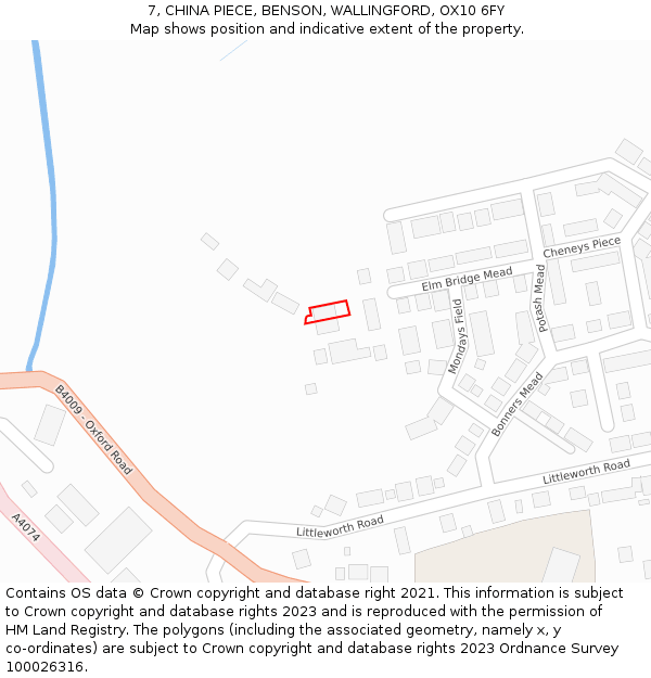 7, CHINA PIECE, BENSON, WALLINGFORD, OX10 6FY: Location map and indicative extent of plot