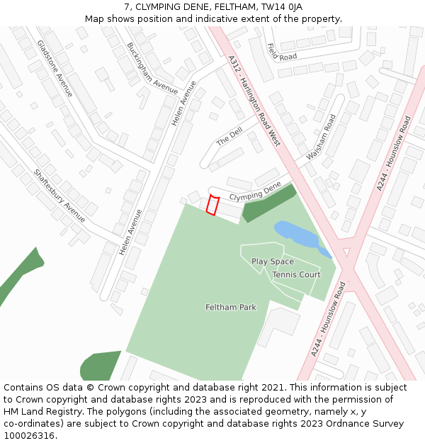 7, CLYMPING DENE, FELTHAM, TW14 0JA: Location map and indicative extent of plot